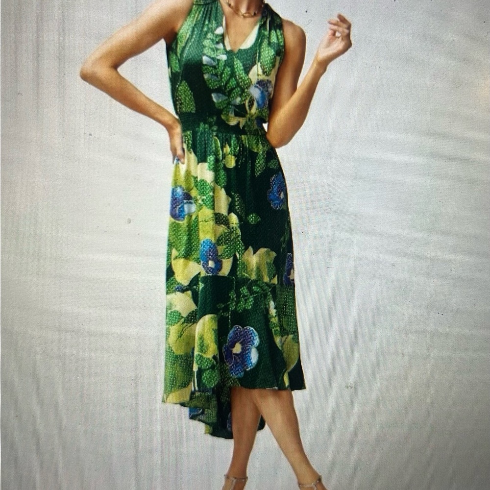 Green Tropical Floral Satin Maxi Dress
